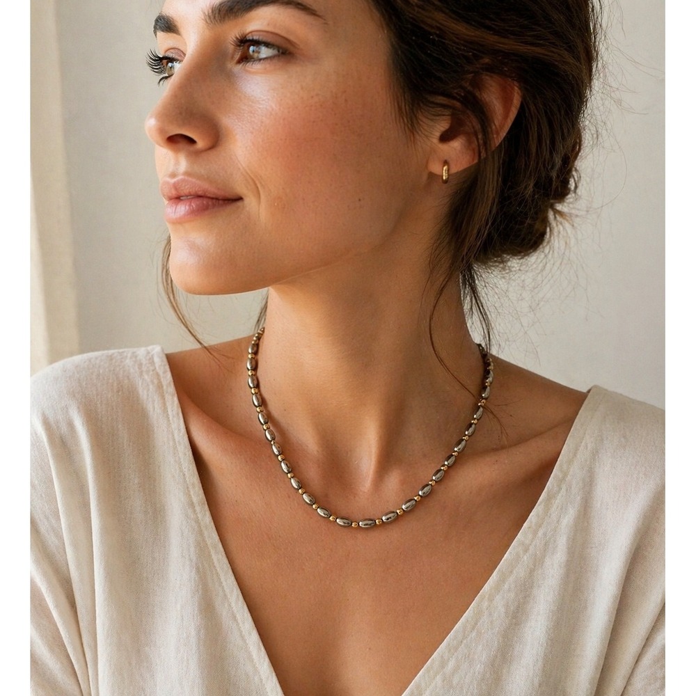 Napier Beaded Necklace Two Tone Silver Gold 16" Minimalist‎ Layering Vintage 90s